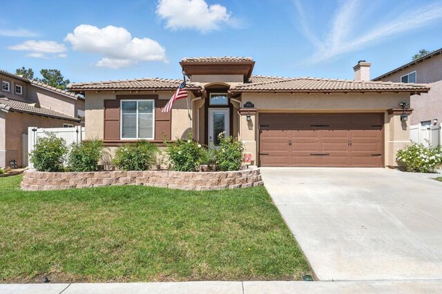 46076 Via Ln, Colorada, Temecula, CA 92592 - mediterranean / spanish-style home featuring stucco siding, driveway, an attached garage, and a chimney