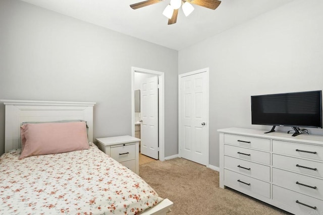 46076 Via Ln, Colorada, Temecula, CA 92592 - bedroom with light colored carpet, a ceiling fan, and ensuite bathroom