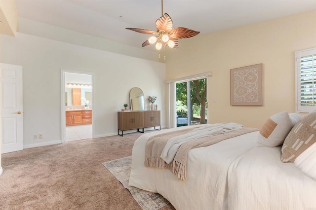 2149 Gamble Pl, Escondido, CA 92029 - carpeted bedroom with access to outside, connected bathroom, and a ceiling fan