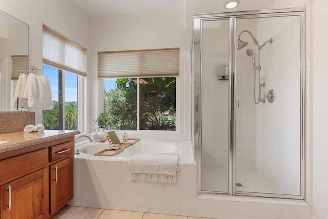 2149 Gamble Pl, Escondido, CA 92029 - bathroom featuring a shower stall, a bath, vanity, and tile patterned flooring