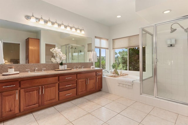 2149 Gamble Pl, Escondido, CA 92029 - full bathroom featuring a shower stall, double vanity, a garden tub, tile patterned floors, and recessed lighting