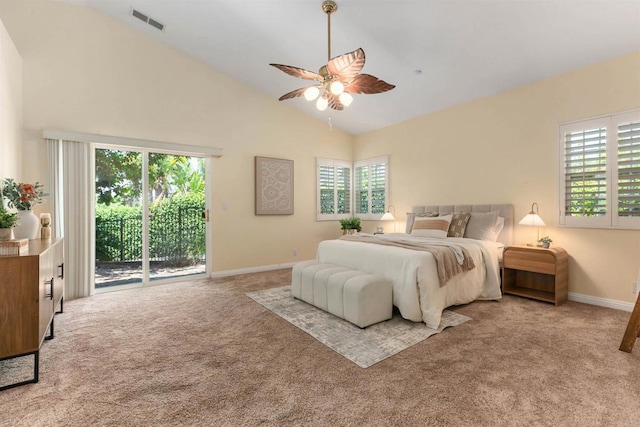 2149 Gamble Pl, Escondido, CA 92029 - carpeted bedroom featuring access to exterior, high vaulted ceiling, and ceiling fan