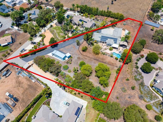 2149 Gamble Pl, Escondido, CA 92029 - aerial view of property and surrounding area featuring a pool area and property parcel outlined