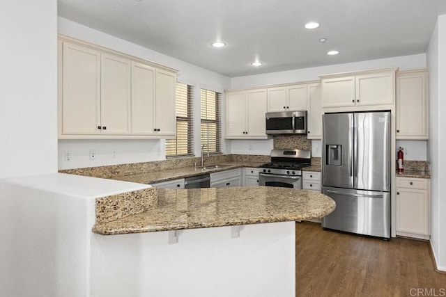 1837 Olive Green St Unit 3, Chula Vista, CA 91913 - kitchen featuring stainless steel appliances, a peninsula, dark wood-style floors, light stone countertops, and recessed lighting