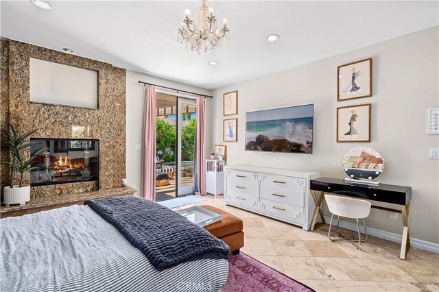 289 23rd St, Costa Mesa, CA 92627 - bedroom with access to outside, a chandelier, recessed lighting, a fireplace, and light tile patterned flooring