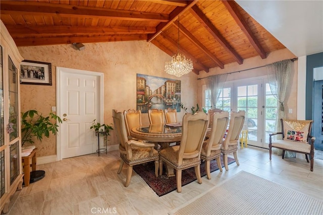 26767 Shadow Wood Dr, Rancho Palos Verdes, CA 90275 - dining room featuring wood ceiling, a chandelier, and french doors
