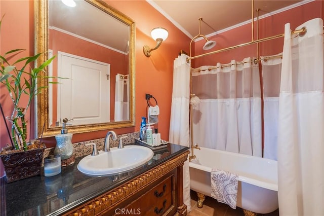 26767 Shadow Wood Dr, Rancho Palos Verdes, CA 90275 - bathroom with crown molding, vanity, and shower / bath combo with shower curtain