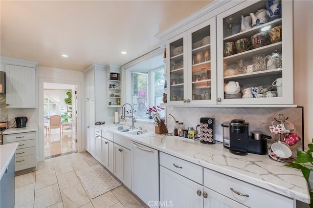 26767 Shadow Wood Dr, Rancho Palos Verdes, CA 90275 - kitchen featuring white dishwasher, backsplash, plenty of natural light, light stone countertops, and recessed lighting