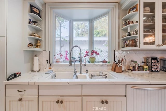 26767 Shadow Wood Dr, Rancho Palos Verdes, CA 90275 - kitchen featuring open shelves, decorative backsplash, and dishwashing machine
