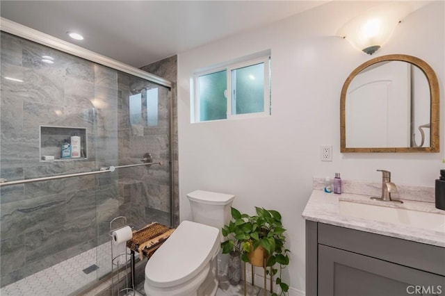 26767 Shadow Wood Dr, Rancho Palos Verdes, CA 90275 - bathroom featuring vanity, a shower stall, and recessed lighting