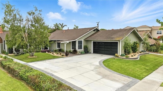 11832 Weatherby Rd, Los Alamitos, CA 90720 - ranch-style home featuring an attached garage, concrete driveway, a front lawn, and a shingled roof