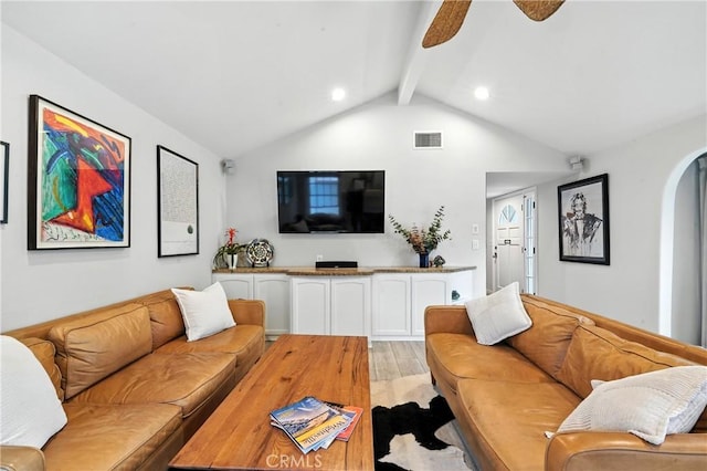 11832 Weatherby Rd, Los Alamitos, CA 90720 - living area featuring a ceiling fan, recessed lighting, arched walkways, and light wood-style floors