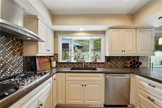 11832 Weatherby Rd, Los Alamitos, CA 90720 - kitchen featuring appliances with stainless steel finishes, wall chimney exhaust hood, dark countertops, and decorative backsplash