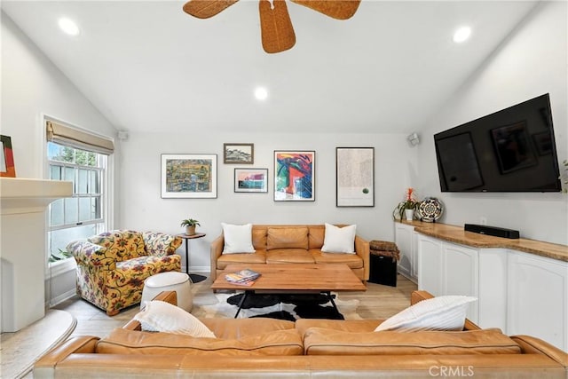 11832 Weatherby Rd, Los Alamitos, CA 90720 - living area featuring lofted ceiling, a ceiling fan, recessed lighting, and light wood-style flooring