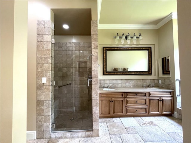 2068 Radnor Ave, Long Beach, CA 90815 - full bath featuring crown molding, a stall shower, stone tile flooring, and double vanity