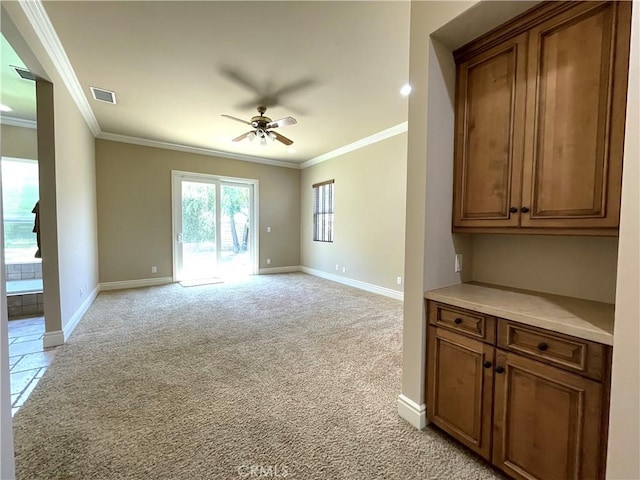 2068 Radnor Ave, Long Beach, CA 90815 - unfurnished living room with crown molding, ceiling fan, and light carpet