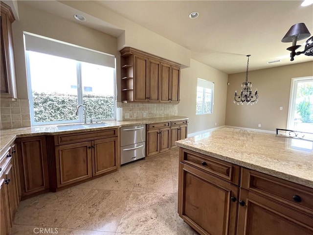 2068 Radnor Ave, Long Beach, CA 90815 - kitchen featuring backsplash, a chandelier, decorative light fixtures, open shelves, and recessed lighting