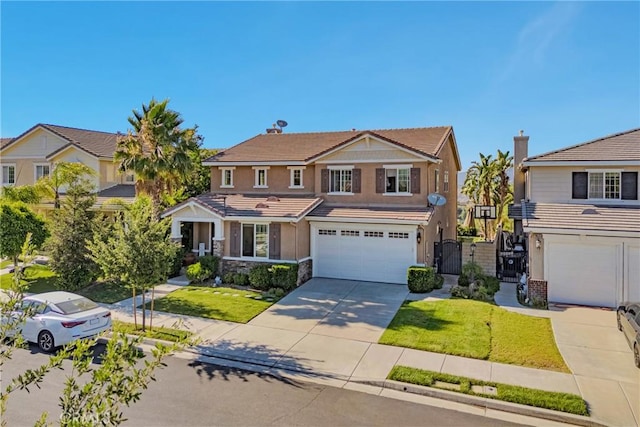 19639 Ellis Henry Ct, Newhall, CA 91321 - view of front of property with a garage, driveway, a tile roof, a gate, and stucco siding