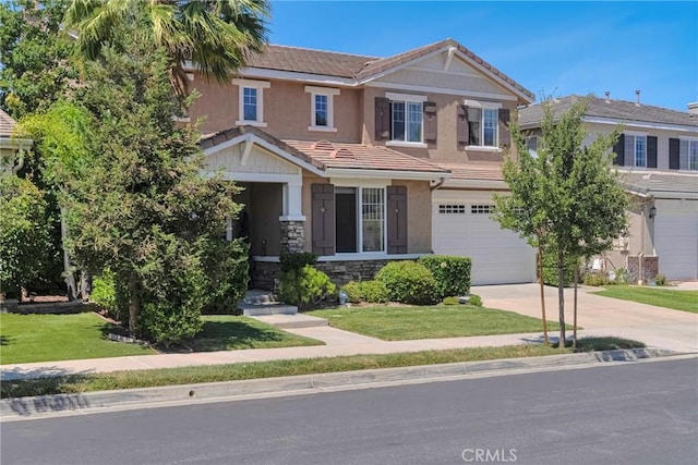 19639 Ellis Henry Ct, Newhall, CA 91321 - view of front of property with an attached garage, a tile roof, concrete driveway, stone siding, and stucco siding