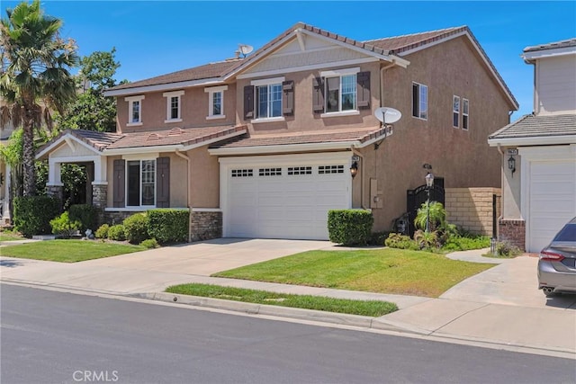 19639 Ellis Henry Ct, Newhall, CA 91321 - view of front of home featuring an attached garage, stucco siding, driveway, a front lawn, and stone siding