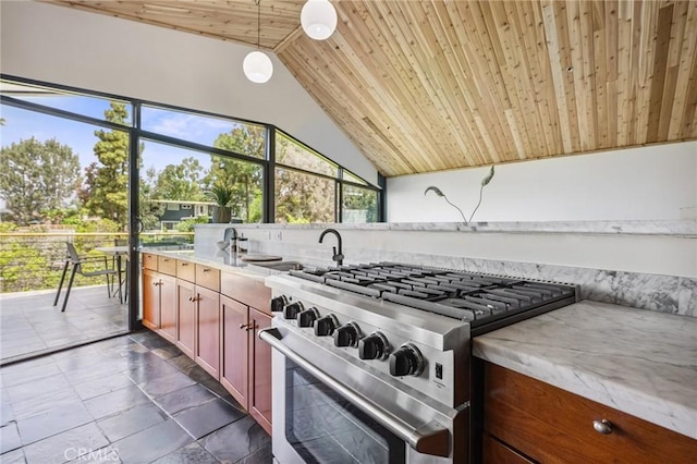 686 Diamond St, Laguna Beach, CA 92651 - kitchen featuring stainless steel stove, wooden ceiling, vaulted ceiling, hanging light fixtures, and light stone counters