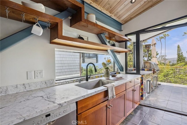 686 Diamond St, Laguna Beach, CA 92651 - kitchen featuring open shelves, wooden ceiling, plenty of natural light, dishwashing machine, and light stone countertops
