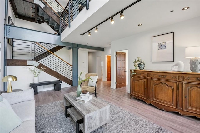 686 Diamond St, Laguna Beach, CA 92651 - living area with stairway, light wood-style floors, track lighting, and recessed lighting