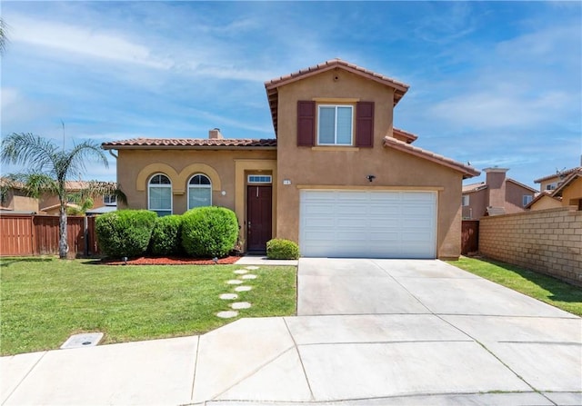 1182 Chenin Blanc Cir, Perris, CA 92571 - mediterranean / spanish-style home with a tiled roof, concrete driveway, stucco siding, and a garage