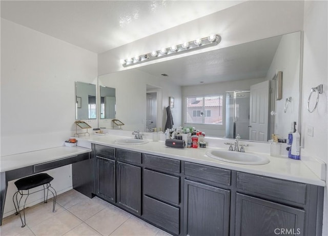 1182 Chenin Blanc Cir, Perris, CA 92571 - full bath with double vanity, tile patterned flooring, and a shower stall