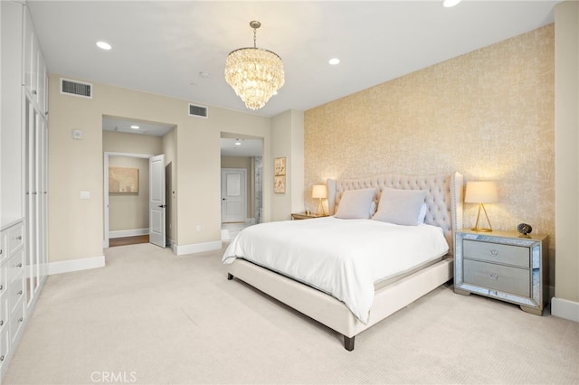 23500 Park Sorrento Unit H32, Calabasas, CA 91302 - bedroom featuring a chandelier, light carpet, recessed lighting, and wallpapered walls
