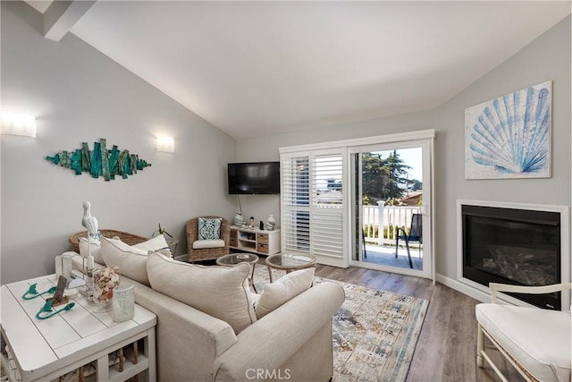 309 Sequoia St Unit 3, Morro Bay, CA 93442 - living room with vaulted ceiling, wood finished floors, and a glass covered fireplace