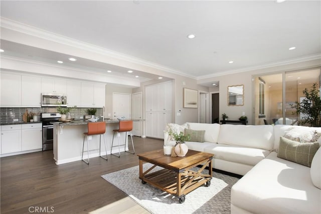 402 Maravilla Ln, Brea, CA 92823 - living area with recessed lighting, crown molding, and dark wood-type flooring