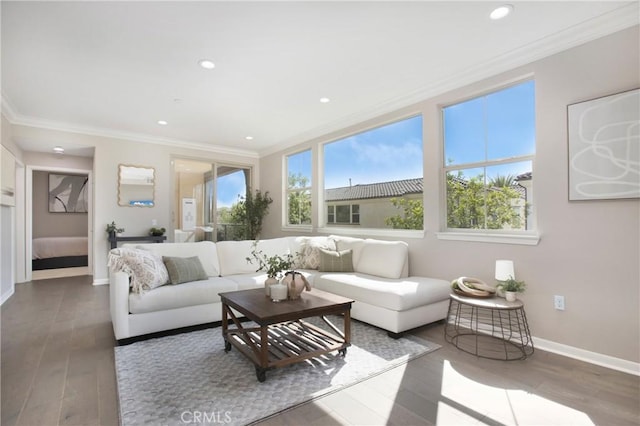 402 Maravilla Ln, Brea, CA 92823 - living area featuring crown molding, wood finished floors, and recessed lighting