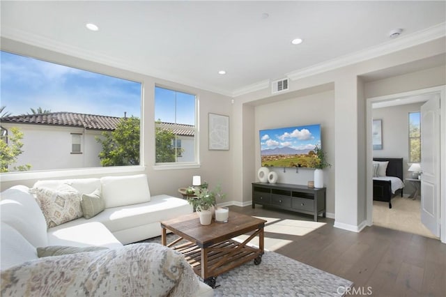 402 Maravilla Ln, Brea, CA 92823 - living room with wood finished floors, recessed lighting, and crown molding