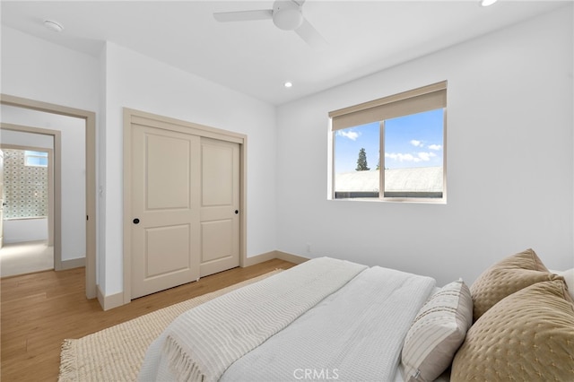 16229 Orizaba Ave, Paramount, CA 90723 - bedroom with light wood finished floors, recessed lighting, a ceiling fan, and a closet