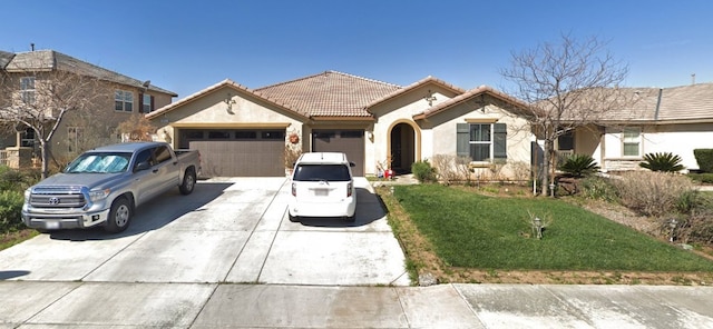 3450 Potomac Ct, Perris, CA 92570 - view of front facade with stucco siding, driveway, an attached garage, a tiled roof, and a front yard