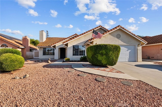 26293 Potomac Dr, Menifee, CA 92586 - mediterranean / spanish-style house with stucco siding, driveway, an attached garage, a tiled roof, and a chimney