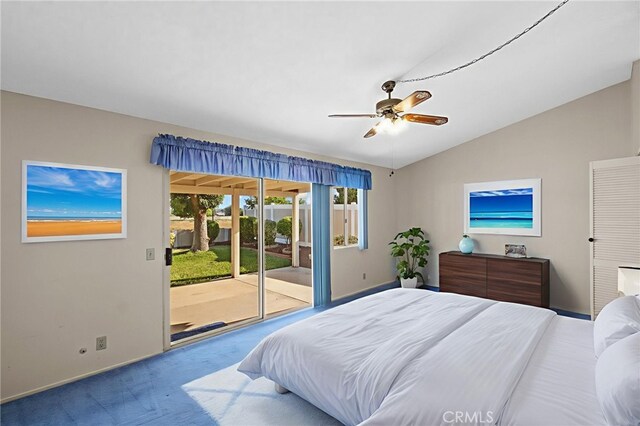 26293 Potomac Dr, Menifee, CA 92586 - bedroom with access to exterior, carpet, lofted ceiling, and ceiling fan