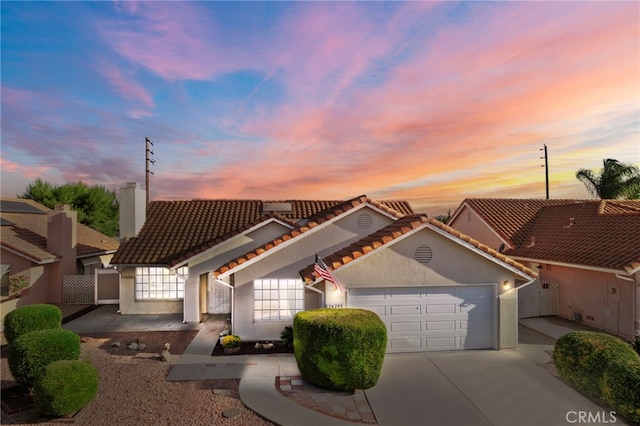 26293 Potomac Dr, Menifee, CA 92586 - view of front of house featuring stucco siding, a garage, concrete driveway, a tile roof, and a chimney