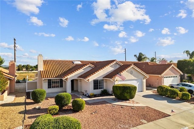 26293 Potomac Dr, Menifee, CA 92586 - ranch-style home with an attached garage, driveway, a tiled roof, a chimney, and stucco siding