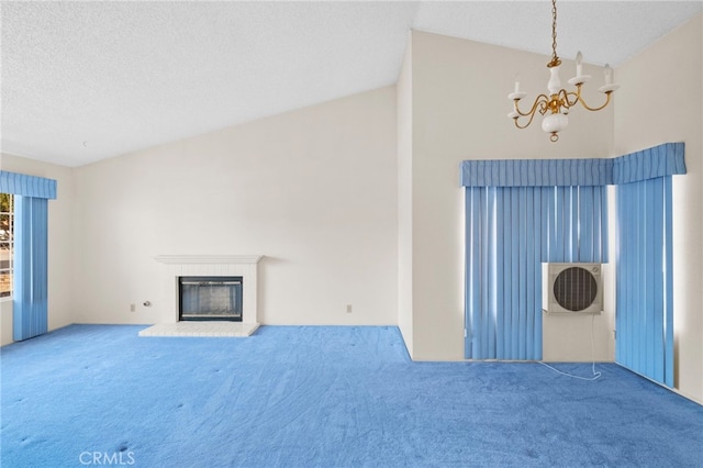 26293 Potomac Dr, Menifee, CA 92586 - unfurnished living room with carpet flooring, a chandelier, a brick fireplace, and a textured ceiling