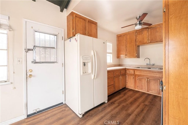 532 W 2nd St, Azusa, CA 91702 - kitchen featuring white refrigerator with ice dispenser, ceiling fan, dark wood-style floors, brown cabinetry, and light countertops