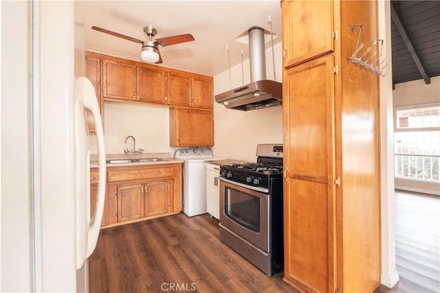 532 W 2nd St, Azusa, CA 91702 - kitchen featuring gas range, wall chimney range hood, freestanding refrigerator, washer / dryer, and dark wood finished floors