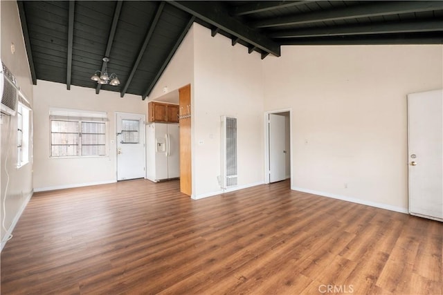 532 W 2nd St, Azusa, CA 91702 - unfurnished living room with a heating unit, high vaulted ceiling, a chandelier, wood finished floors, and a wood ceiling with exposed beams