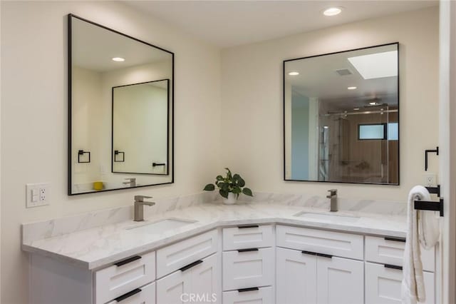 34693 Camino Capistrano Unit B, Dana Point, CA 92624 - full bathroom featuring double vanity, recessed lighting, and a shower with shower door