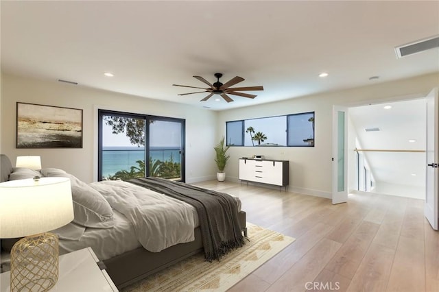 34693 Camino Capistrano Unit B, Dana Point, CA 92624 - bedroom with light wood-style flooring, recessed lighting, ceiling fan, and access to outside