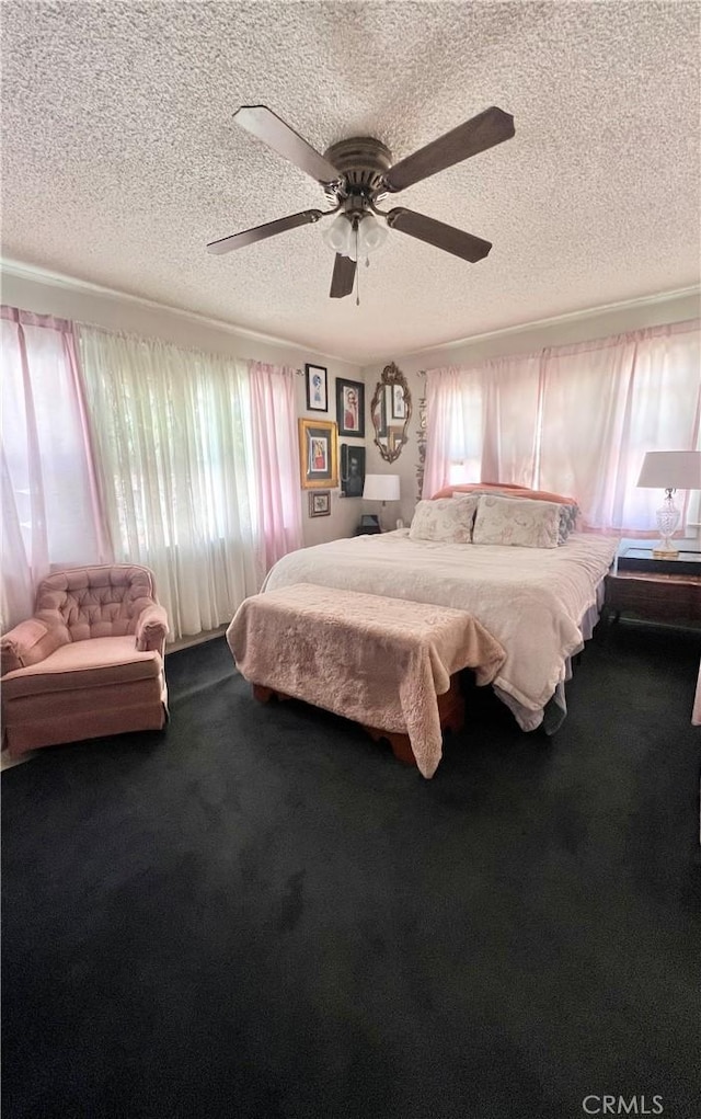 1210 7th Pl, Hermosa Beach, CA 90254 - bedroom with a textured ceiling, dark colored carpet, and ceiling fan