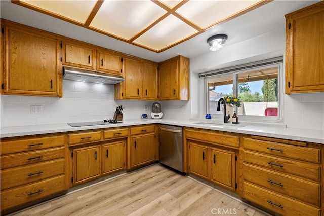 7009 Etter St, Bakersfield, CA 93308 - kitchen featuring under cabinet range hood, black electric stovetop, stainless steel dishwasher, brown cabinetry, and backsplash