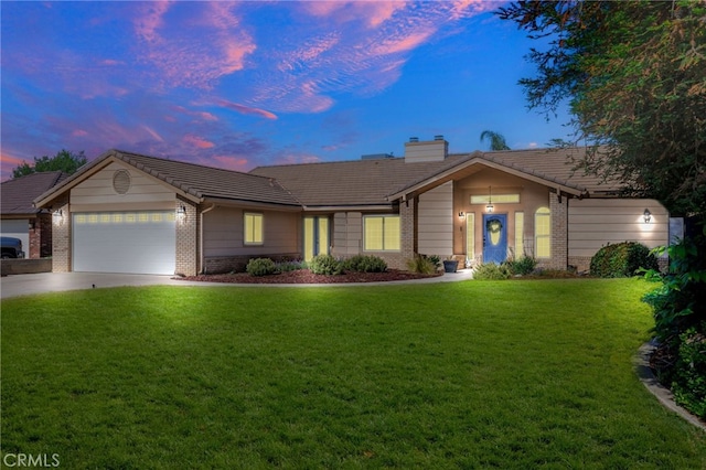 7009 Etter St, Bakersfield, CA 93308 - ranch-style house featuring brick siding, an attached garage, a tile roof, a front yard, and a chimney