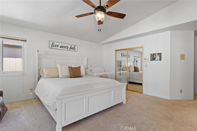 7009 Etter St, Bakersfield, CA 93308 - bedroom featuring light carpet, lofted ceiling, a closet, and a ceiling fan